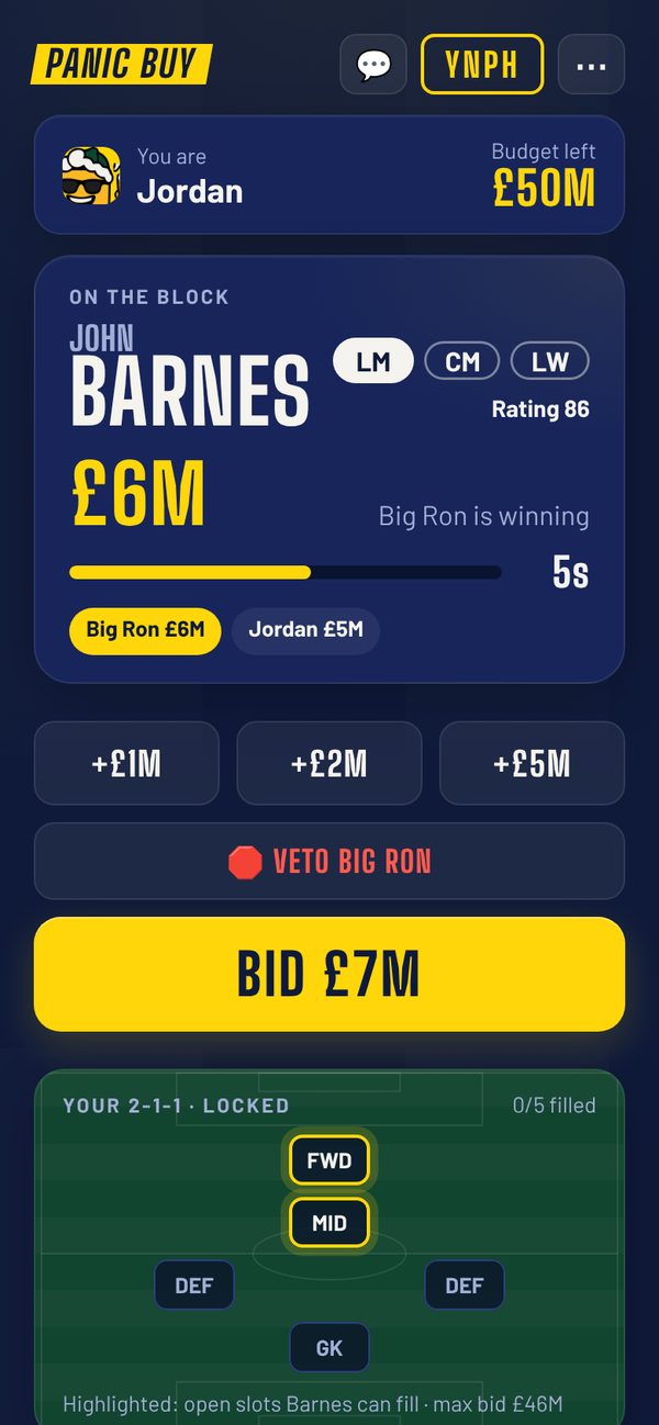 Panic Buy on a phone: the bid button and a veto