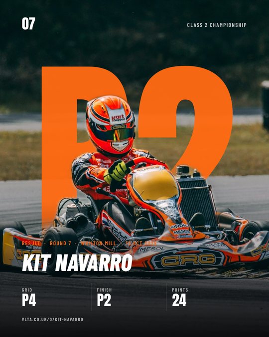 A result post in the Depth style: a huge P2 behind the driver, Kit Navarro, P2 from P4 at Whilton Mill, 24 points